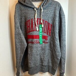 Champion Mens Heather Gray Hoodie with Red Accents, size XL